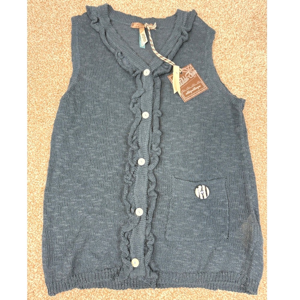 NEW Matilda Jane Girls Cardigan Sweater Blue Ruffle Front Knit Vest 8 Shabby